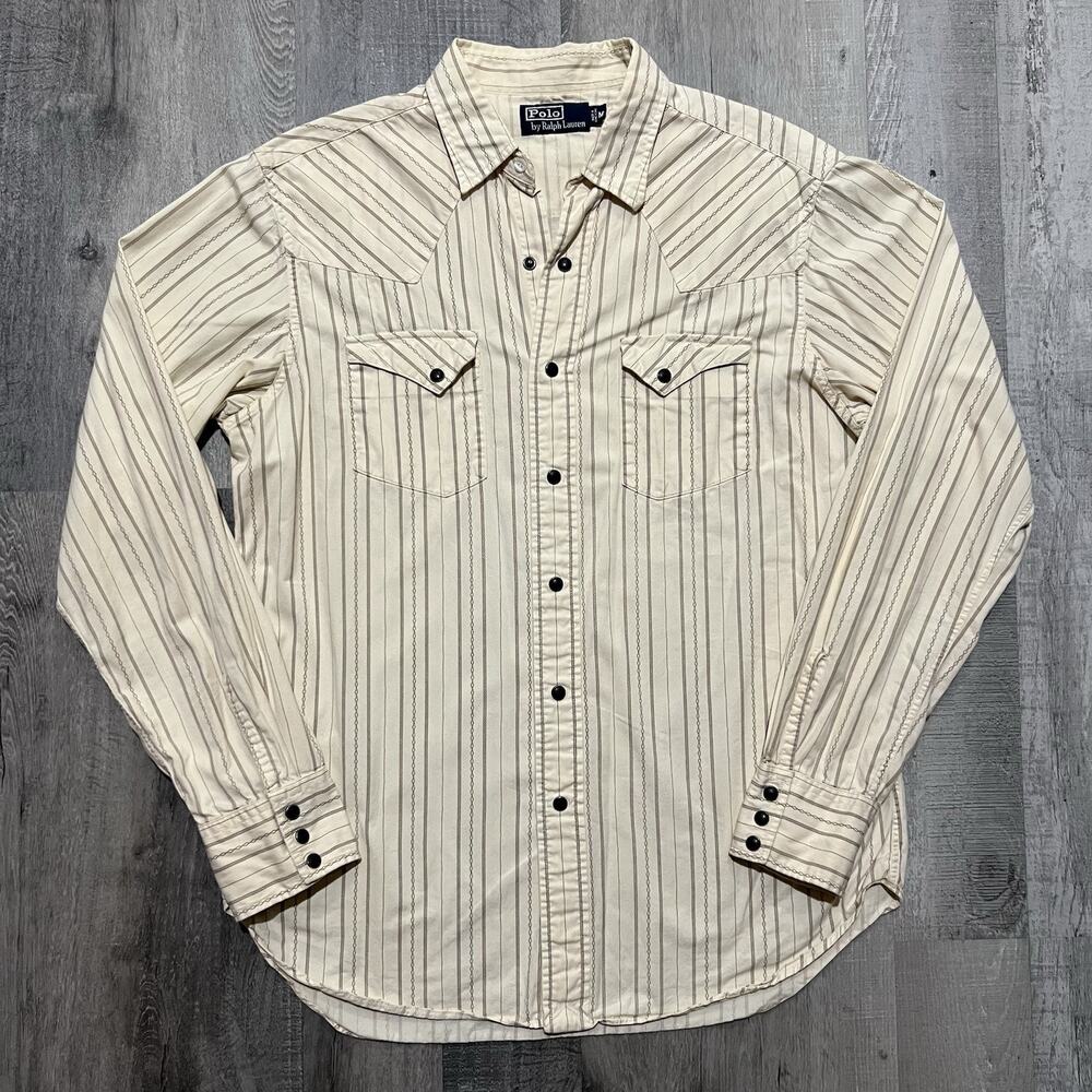 Vintage Polo Ralph Lauren Western Pearl Snap Beige Striped Long Sleeve Shirt M